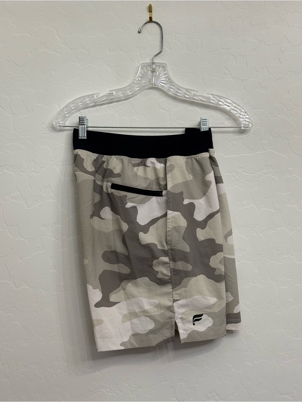 Fabletics Men's Beige Camo Athletic Shorts with Black Waistband